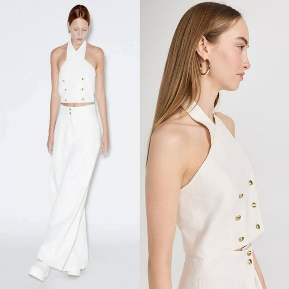 Rosetta Getty White Cotton Linen Button Criss Cross Halter Top Gold Buttons Chic - Picture 13 of 13